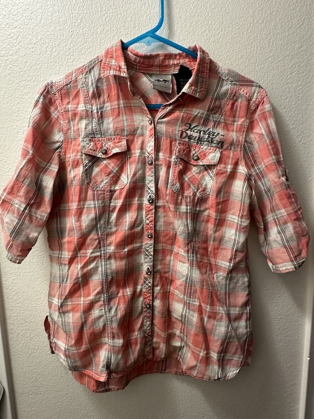 Vintage Harley-Davidson Women’s Plaid Pink Cotton Blend 3/4 Sleeve Shirt M